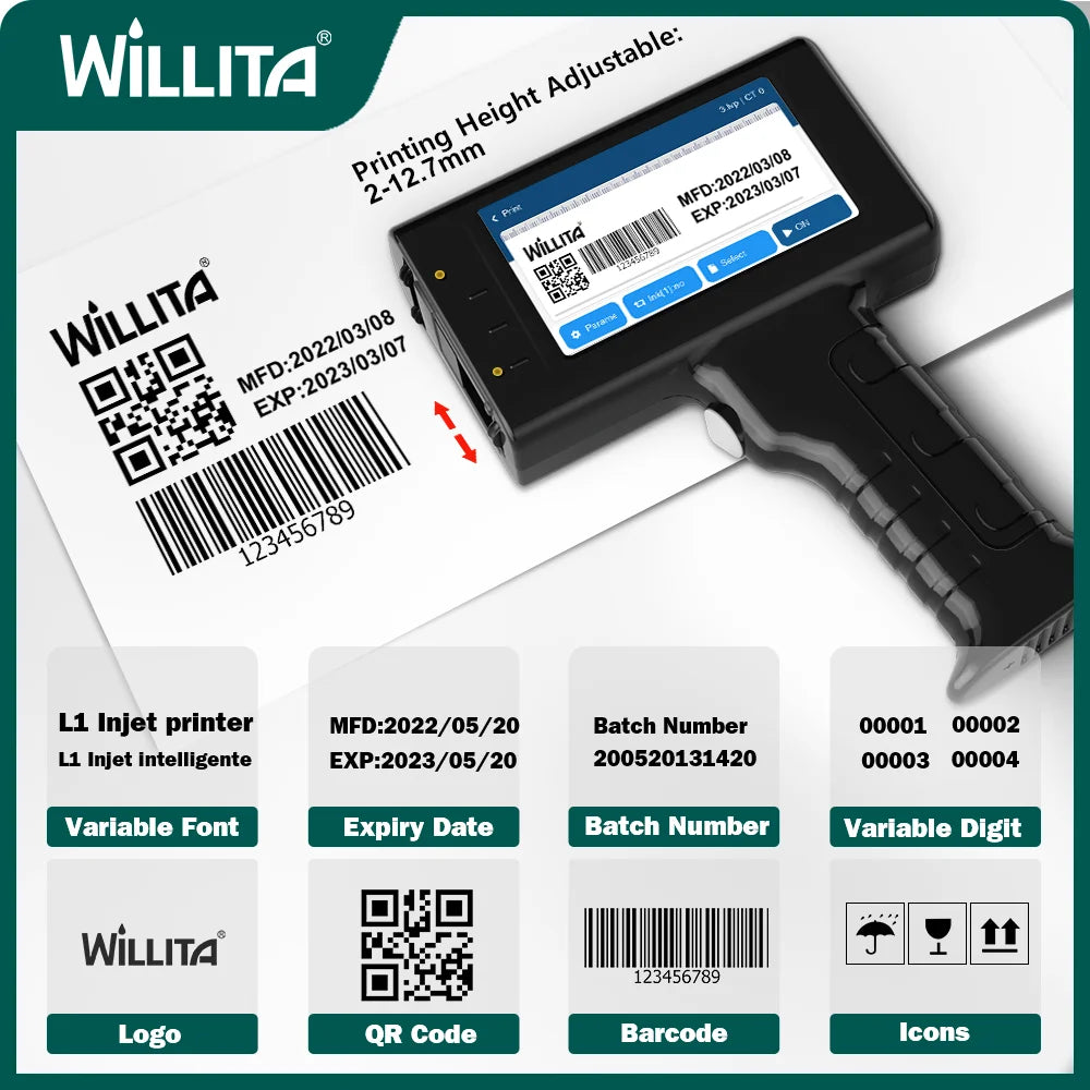 Willita 12.7mm Handheld Inkjet Printer Gun Portable For Metal Expiry Date Barcode QR Code Batch Numbers Best Value Logo Printing