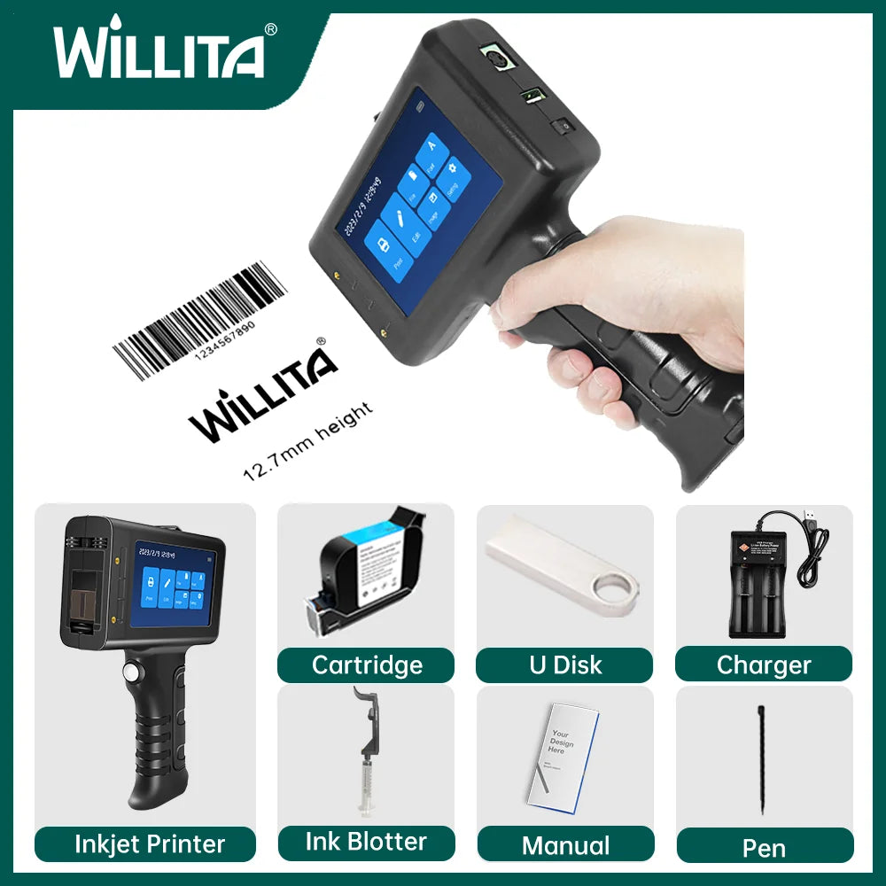 Willita 12.7mm Handheld Inkjet Printer Gun Portable For Metal Expiry Date Barcode QR Code Batch Numbers Best Value Logo Printing