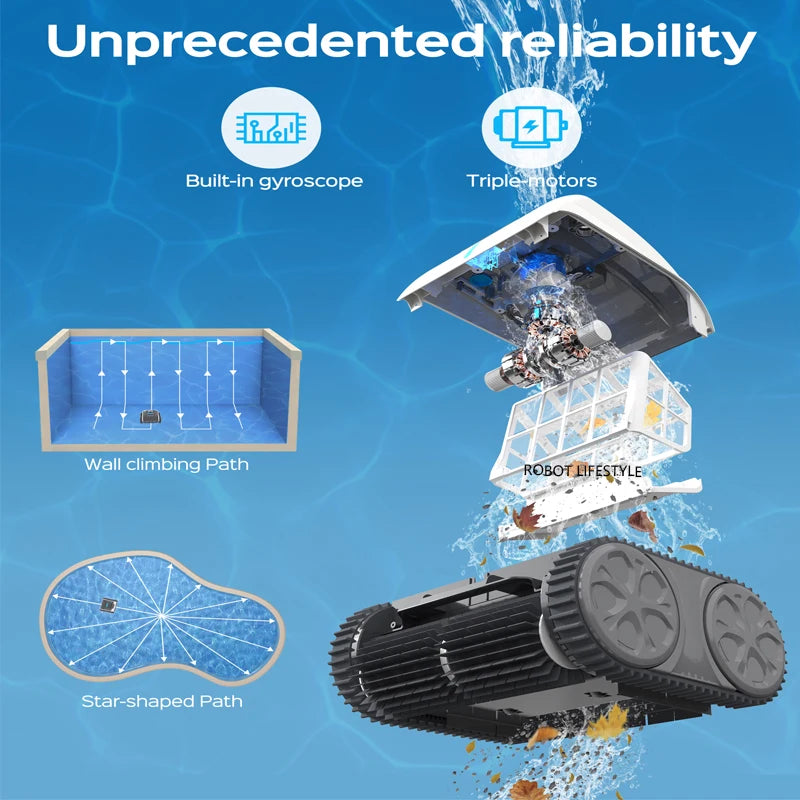 Cordless Robot Vacuum Cleaner for Swimming Pool Rechargeable Lithium Battery 8600mAh Route Planning Auto-reverse Self-beaching